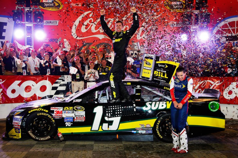 Carl Edwards, driver of the #19 Subway Toyota, celebrates in Victory Lane after winning the NASCAR Sprint Cup Series Coca-Cola 600 at Charlotte Motor Speedway on May 24, 2015 in Charlotte, North Carolina. 