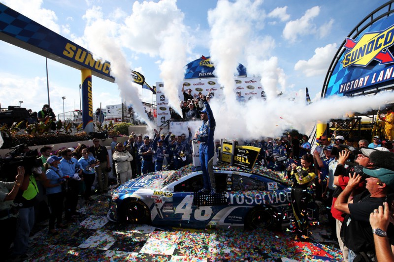 Jimmie Johnson, driver of the #48 Lowe's Pro Services Chevrolet, celebrates in Victory Lane after winning the NASCAR Sprint Cup Series FedEx 400 Benefiting Autism Speaks at Dover International Speedway on May 31, 2015 in Dover, Delaware. 
