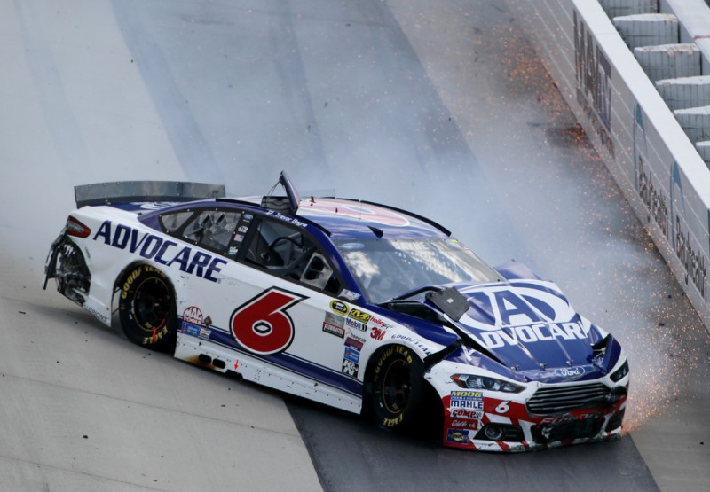 Trevor Bayne, driver of the #6 AdvoCare Ford, crashes during the NASCAR Sprint Cup Series FedEx 400 Benefiting Autism Speaks at Dover International Speedway on May 31, 2015 in Dover, Delaware.