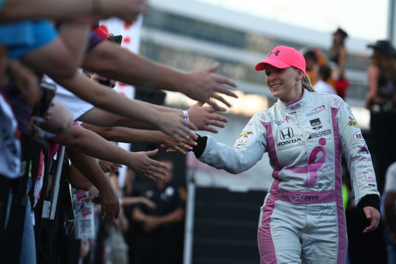 Pippa Mann of England, driver of the #18 Dale Coyne Racing Honda, during driver introductions during the Verizon IndyCar Series Firestone 600 at Texas Motor Speedway on June 6, 2015 in Fort Worth, Texas. 