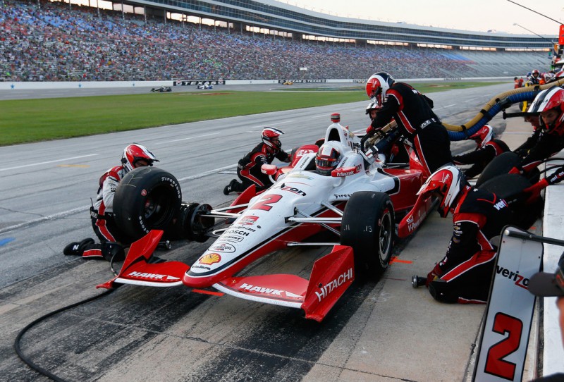 Juan Pablo Montoya of Colombia, driver of the #2 Verizon Team Penske Chevrolet, makes a pit stop during the Verizon IndyCar Series Firestone 600 at Texas Motor Speedway on June 6, 2015 in Fort Worth, Texas. 