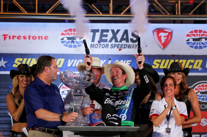 Scott Dixon of New Zealand, driver of the #9 Energizer Chevrolet, celebrates in Victory Lane after winning the Verizon IndyCar Series Firestone 600 at Texas Motor Speedway on June 6, 2015 in Fort Worth, Texas. 