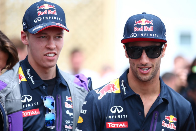 Daniil Kvyat of Russia and Infiniti Red Bull Racing and Daniel Ricciardo of Australia and Infiniti Red Bull Racing during the Canadian Formula One Grand Prix at Circuit Gilles Villeneuve on June 7, 2015 in Montreal, Canada. 