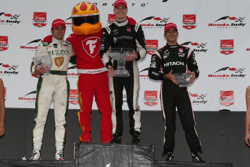 2015 Honda Indy Toronto podium: (L to R) Luca Filippi, Josef Newgarden, Hélio Castroneves.