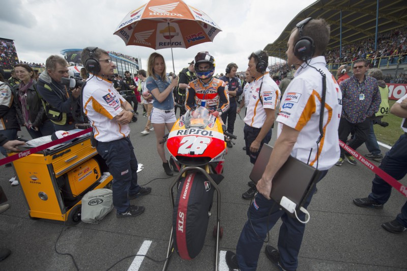 Dani Pedrosa of Spain and Repsol Honda Team prepares to start on the grid. during the MotoGP race during the MotoGP Netherlands - Race at on June 27, 2015 in Assen, Netherlands. Dani Pedrosa of Spain and Repsol Honda Team prepares to start on the grid. during the MotoGP race during the MotoGP Netherlands - Race at on June 27, 2015 in Assen, Netherlands.