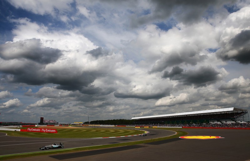 Lewis Hamilton of Great Britain and Mercedes GP drives during the Formula One Grand Prix of Great Britain at Silverstone Circuit on July 5, 2015 in Northampton, England. 