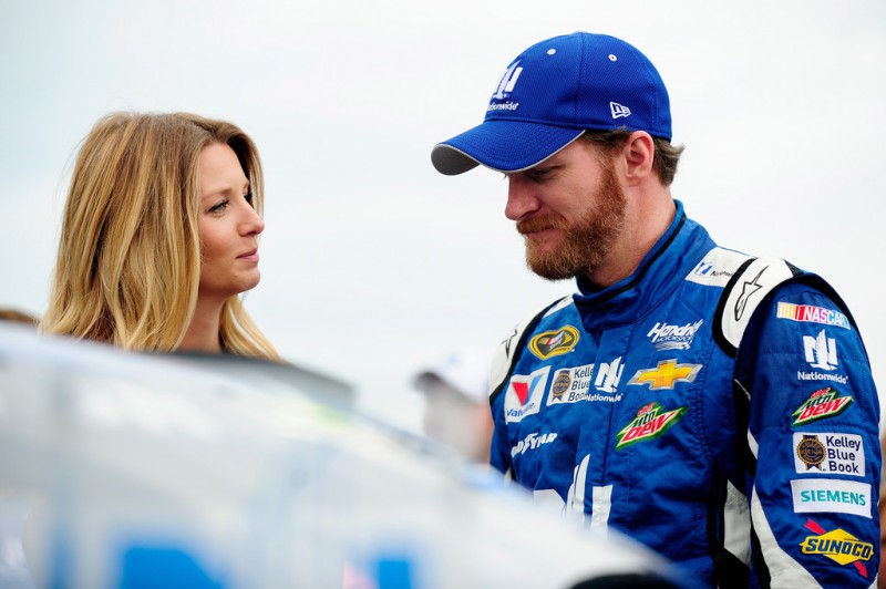 Dale Earnhardt Jr., driver of the #88 Nationwide Chevrolet, right, takes part in pre-race ceremonies with fiancee Amy Reimann prior to the NASCAR Sprint Cup Series Quaker State 400 presented by Advance Auto Parts at Kentucky Speedway on July 11, 2015 in Sparta, Kentucky. Dale Earnhardt Jr., driver of the #88 Nationwide Chevrolet, right, takes part in pre-race ceremonies with fiancee Amy Reimann prior to the NASCAR Sprint Cup Series Quaker State 400 presented by Advance Auto Parts at Kentucky Speedway on July 11, 2015 in Sparta, Kentucky.