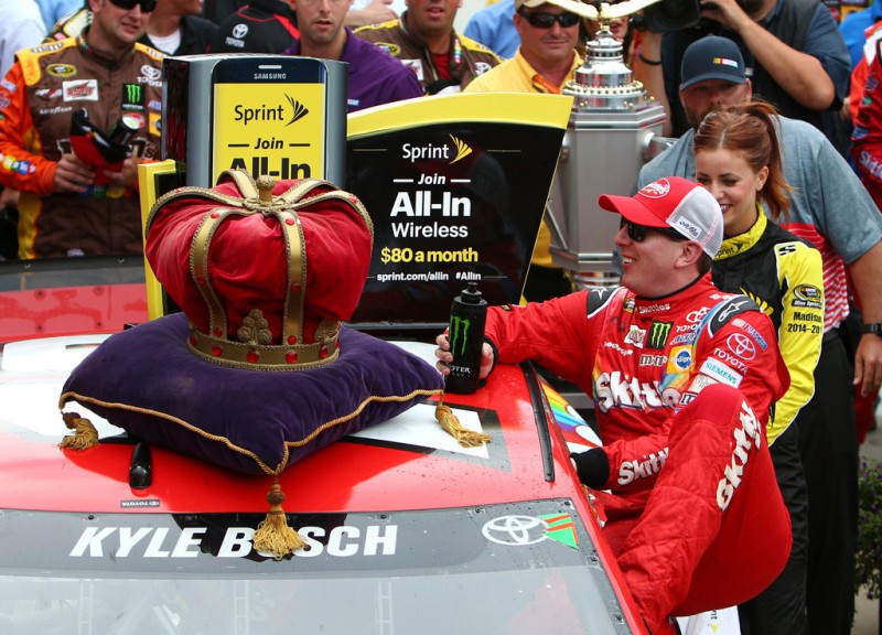Kyle Busch celebrates after winning the Crown Royal Presents The Jeff Kyle 400 At The Brickyard at Indianapolis Motorspeedway on July 26, 2015 in Indianapolis, Indiana. Kyle Busch celebrates after winning the Crown Royal Presents The Jeff Kyle 400 At The Brickyard at Indianapolis Motorspeedway on July 26, 2015 in Indianapolis, Indiana.