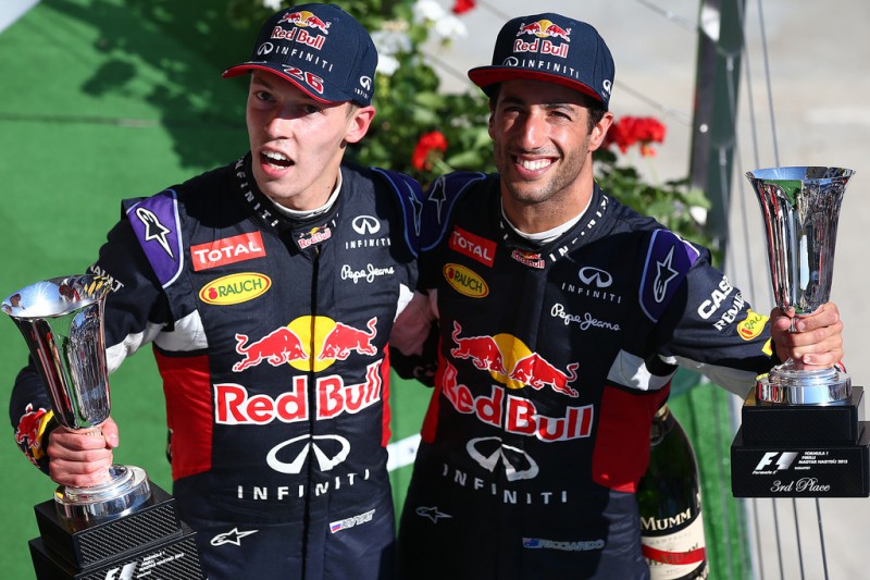 Daniel Ricciardo of Australia and Infiniti Red Bull Racing and Daniil Kvyat of Russia and Infiniti Red Bull Racing celebrate on the podium after finsihing third and second during the Formula One Grand Prix of Hungary at Hungaroring on July 26, 2015 in Budapest, Hungary. Daniel Ricciardo of Australia and Infiniti Red Bull Racing and Daniil Kvyat of Russia and Infiniti Red Bull Racing celebrate on the podium after finsihing third and second during the Formula One Grand Prix of Hungary at Hungaroring on July 26, 2015 in Budapest, Hungary.