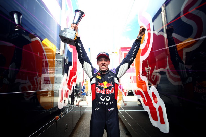 Daniil Kvyat of Russia and Infiniti Red Bull Racing celebrates after finishing second in the Formula One Grand Prix of Hungary at Hungaroring on July 26, 2015 in Budapest, Hungary. Daniil Kvyat of Russia and Infiniti Red Bull Racing celebrates after finishing second in the Formula One Grand Prix of Hungary at Hungaroring on July 26, 2015 in Budapest, Hungary.