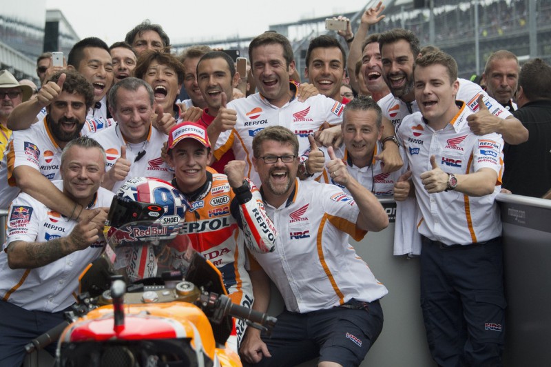 Marc Marquez of Spain and Repsol Honda Team celebrates with team the victory at the end of the MotoGP race during the MotoGp Red Bull U.S. Indianapolis Grand Prix - Race at Indianapolis Motor Speedway on August 9, 2015 in Indianapolis, Indiana. 