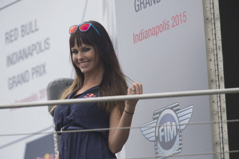 The grid girl poses on the podium during the MotoGP race during the MotoGp Red Bull U.S. Indianapolis Grand Prix - Race at Indianapolis Motor Speedway on August 9, 2015 in Indianapolis, Indiana. The grid girl poses on the podium during the MotoGP race during the MotoGp Red Bull U.S. Indianapolis Grand Prix - Race at Indianapolis Motor Speedway on August 9, 2015 in Indianapolis, Indiana.