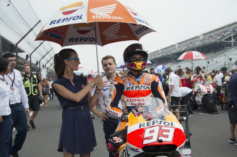 Marc Marquez of Spain and Repsol Honda Team prepares to start from the grid during the MotoGP race during the MotoGp Red Bull U.S. Indianapolis Grand Prix - Race at Indianapolis Motor Speedway on August 9, 2015 in Indianapolis, Indiana. Marc Marquez of Spain and Repsol Honda Team prepares to start from the grid during the MotoGP race during the MotoGp Red Bull U.S. Indianapolis Grand Prix - Race at Indianapolis Motor Speedway on August 9, 2015 in Indianapolis, Indiana.