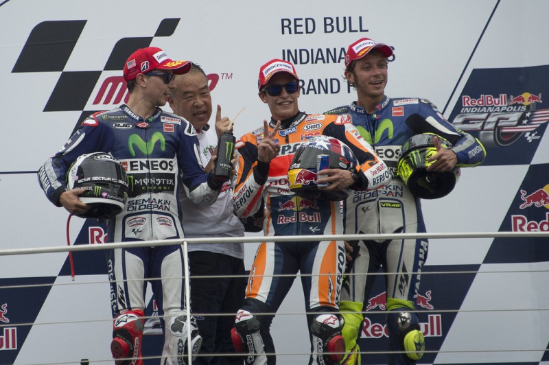 (L-R) Jorge Lorenzo of Spain and Movistar Yamaha MotoGP, Shuhei Nakamoto of Japan and Honda Racing Competition HRC , Marc Marquez of Spain and Repsol Honda Team and Valentino Rossi of Italy and Movistar Yamaha MotoGP pose on the podium at the end of the MotoGP race during the MotoGp Red Bull U.S. Indianapolis Grand Prix - Race at Indianapolis Motor Speedway on August 9, 2015 in Indianapolis, Indiana. (L-R) Jorge Lorenzo of Spain and Movistar Yamaha MotoGP, Shuhei Nakamoto of Japan and Honda Racing Competition HRC , Marc Marquez of Spain and Repsol Honda Team and Valentino Rossi of Italy and Movistar Yamaha MotoGP pose on the podium at the end of the MotoGP race during the MotoGp Red Bull U.S. Indianapolis Grand Prix - Race at Indianapolis Motor Speedway on August 9, 2015 in Indianapolis, Indiana.