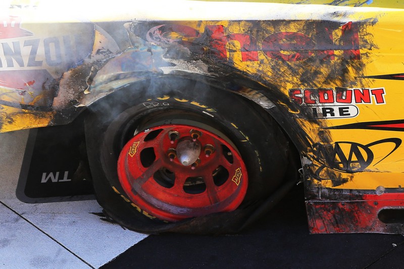 A detailed view of the blown tire of Joey Logano, driver of the #22 Shell Pennzoil Ford, in victory lane after winning the NASCAR Sprint Cup Series Cheez-It 355 at the Glen at Watkins Glen International on August 9, 2015 in Watkins Glen, New York. A detailed view of the blown tire of Joey Logano, driver of the #22 Shell Pennzoil Ford, in victory lane after winning the NASCAR Sprint Cup Series Cheez-It 355 at the Glen at Watkins Glen International on August 9, 2015 in Watkins Glen, New York.