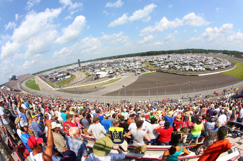 A general view from the grandstand before the start of the NASCAR Sprint Cup Series Pure Michigan 400 at Michigan International Speedway on August 16, 2015 in Brooklyn, Michigan. A general view from the grandstand before the start of the NASCAR Sprint Cup Series Pure Michigan 400 at Michigan International Speedway on August 16, 2015 in Brooklyn, Michigan.