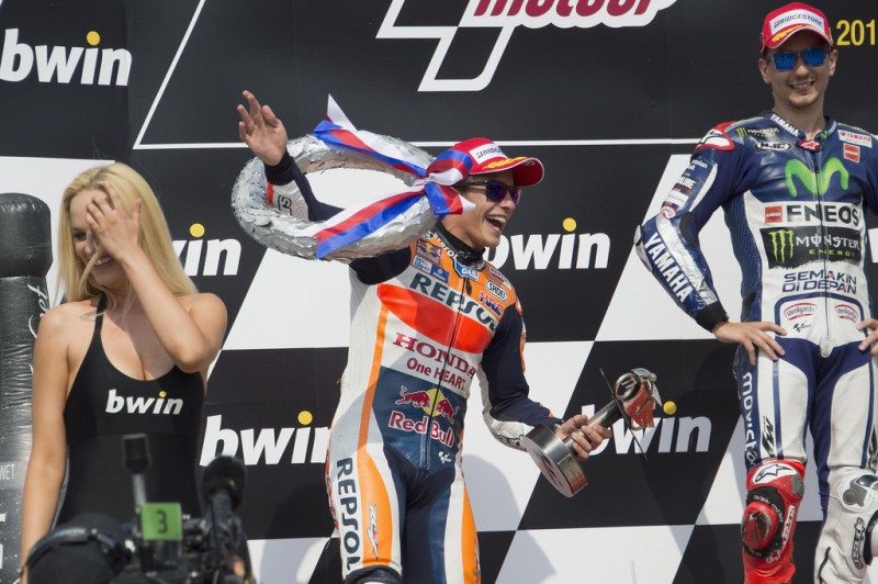Marc Marquez of Spain and Repsol Honda Team celebrates the second place on the podium at the end of the MotoGP race during the MotoGp of Czech Republic - Race at Brno Circuit on August 16, 2015 in Brno, Czech Republic. 