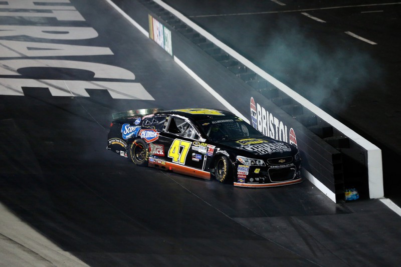 AJ Allmendinger, driver of the #47 Bush's Grillin Beans Chevrolet, has an on track incident during the NASCAR Sprint Cup Series IRWIN Tools Night Race at Bristol Motor Speedway on August 22, 2015 in Bristol, Tennessee. AJ Allmendinger, driver of the #47 Bush's Grillin Beans Chevrolet, has an on track incident during the NASCAR Sprint Cup Series IRWIN Tools Night Race at Bristol Motor Speedway on August 22, 2015 in Bristol, Tennessee.