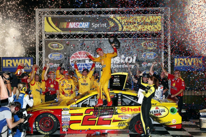 Joey Logano, driver of the #22 Shell Pennzoil Ford, celebrates in Victory Lane after winning the NASCAR Sprint Cup Series IRWIN Tools Night Race at Bristol Motor Speedway on August 22, 2015 in Bristol, Tennessee. Joey Logano, driver of the #22 Shell Pennzoil Ford, celebrates in Victory Lane after winning the NASCAR Sprint Cup Series IRWIN Tools Night Race at Bristol Motor Speedway on August 22, 2015 in Bristol, Tennessee.