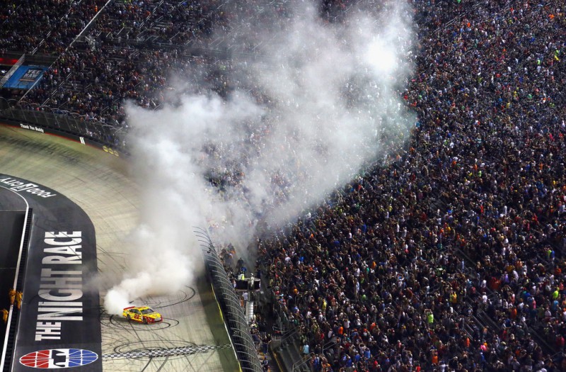 Joey Logano, driver of the #22 Shell Pennzoil Ford, celebrates with a burnout after winning the NASCAR Sprint Cup Series IRWIN Tools Night Race at Bristol Motor Speedway on August 22, 2015 in Bristol, Tennessee. Joey Logano, driver of the #22 Shell Pennzoil Ford, celebrates with a burnout after winning the NASCAR Sprint Cup Series IRWIN Tools Night Race at Bristol Motor Speedway on August 22, 2015 in Bristol, Tennessee.