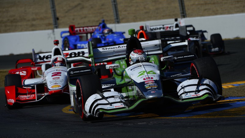 Carlos Munoz of Colombia driver of the #26 Andretti Autosport Honda Dallara leads a pack of cars during the Verizon IndyCar Series GoPro Grand Prix of Sonoma at Sonoma Raceway on August 30, 2015 in Sonoma, California. 