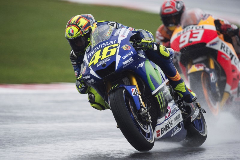 Valentino Rossi of Italy and Movistar Yamaha MotoGP leads Marc Marquez of Spain and Repsol Honda Team during the MotoGP race during the MotoGp Of Great Britain - Race at Silverstone Circuit on August 30, 2015 in Northampton, United Kingdom. Valentino Rossi of Italy and Movistar Yamaha MotoGP leads Marc Marquez of Spain and Repsol Honda Team during the MotoGP race during the MotoGp Of Great Britain - Race at Silverstone Circuit on August 30, 2015 in Northampton, United Kingdom.