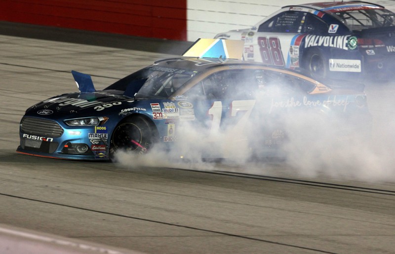 Ricky Stenhouse Jr., driver of the #17 Cargill Ford, spins on track during the NASCAR Sprint Cup Series Bojangles' Southern 500 at Darlington Raceway on September 6, 2015 in Darlington, South Carolina. Ricky Stenhouse Jr., driver of the #17 Cargill Ford, spins on track during the NASCAR Sprint Cup Series Bojangles' Southern 500 at Darlington Raceway on September 6, 2015 in Darlington, South Carolina.