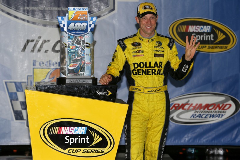 Matt Kenseth, driver of the #20 Dollar General Toyota, poses for a photo in Victory Lane after winning the NASCAR Sprint Cup Series Federated Auto Parts 400 at Richmond International Raceway on September 12, 2015 in Richmond, Virginia. Matt Kenseth, driver of the #20 Dollar General Toyota, poses for a photo in Victory Lane after winning the NASCAR Sprint Cup Series Federated Auto Parts 400 at Richmond International Raceway on September 12, 2015 in Richmond, Virginia.