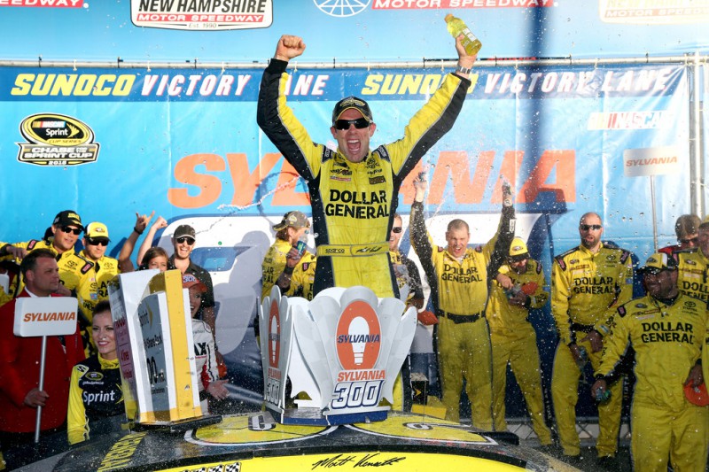 Matt Kenseth, driver of the #20 Dollar General Toyota, celebrates in Victory Lane after winning the NASCAR Sprint Cup Series SYLVANIA 300 at New Hampshire Motor Speedway on September 27, 2015 in Loudon, New Hampshire. Matt Kenseth, driver of the #20 Dollar General Toyota, celebrates in Victory Lane after winning the NASCAR Sprint Cup Series SYLVANIA 300 at New Hampshire Motor Speedway on September 27, 2015 in Loudon, New Hampshire.