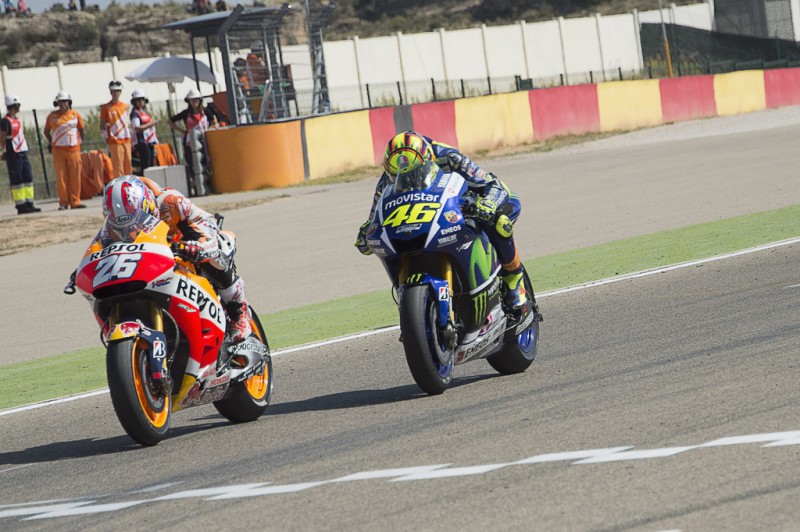 Dani Pedrosa of Spain and Repsol Honda Team leads Valentino Rossi of Italy and Movistar Yamaha MotoGP during the MotoGP race during the MotoGP of Spain - Race at Motorland Aragon Circuit on September 27, 2015 in Alcaniz, Spain. Dani Pedrosa of Spain and Repsol Honda Team leads Valentino Rossi of Italy and Movistar Yamaha MotoGP during the MotoGP race during the MotoGP of Spain - Race at Motorland Aragon Circuit on September 27, 2015 in Alcaniz, Spain.