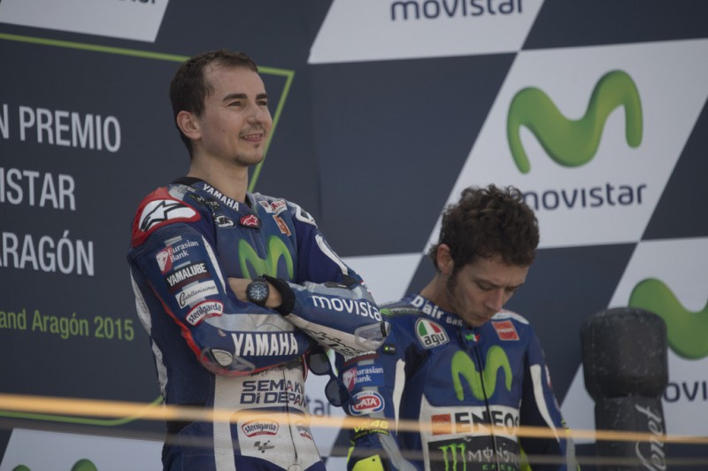 Jorge Lorenzo of Spain and Movistar Yamaha MotoGP celebrates the victory on the podium at the end of the MotoGP race during the MotoGP of Spain - Race at Motorland Aragon Circuit on September 27, 2015 in Alcaniz, Spain. Jorge Lorenzo of Spain and Movistar Yamaha MotoGP celebrates the victory on the podium at the end of the MotoGP race during the MotoGP of Spain - Race at Motorland Aragon Circuit on September 27, 2015 in Alcaniz, Spain.