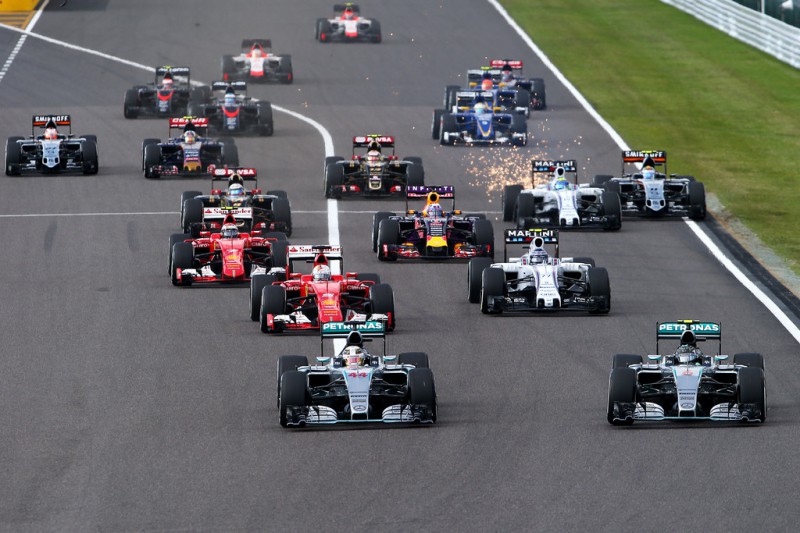 Lewis Hamilton of Great Britain and Mercedes GP and Nico Rosberg of Germany and Mercedes GP race down to the first corner during the Formula One Grand Prix of Japan at Suzuka Circuit on September 27, 2015 in Suzuka, Japan. Lewis Hamilton of Great Britain and Mercedes GP and Nico Rosberg of Germany and Mercedes GP race down to the first corner during the Formula One Grand Prix of Japan at Suzuka Circuit on September 27, 2015 in Suzuka, Japan.