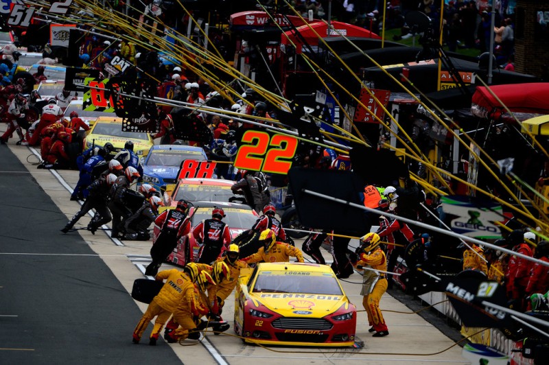 Joey Logano, driver of the #22 Shell Pennzoil Ford, pits during the NASCAR Sprint Cup Series AAA 400 at Dover International Speedway on October 4, 2015 in Dover, Delaware. Joey Logano, driver of the #22 Shell Pennzoil Ford, pits during the NASCAR Sprint Cup Series AAA 400 at Dover International Speedway on October 4, 2015 in Dover, Delaware.