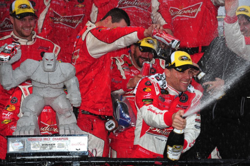 Kevin Harvick, driver of the #4 Budweiser/Jimmy John's Chevrolet, celebrates in victory lane after winning the NASCAR Sprint Cup Series AAA 400 at Dover International Speedway on October 4, 2015 in Dover, Delaware. Kevin Harvick, driver of the #4 Budweiser/Jimmy John's Chevrolet, celebrates in victory lane after winning the NASCAR Sprint Cup Series AAA 400 at Dover International Speedway on October 4, 2015 in Dover, Delaware.
