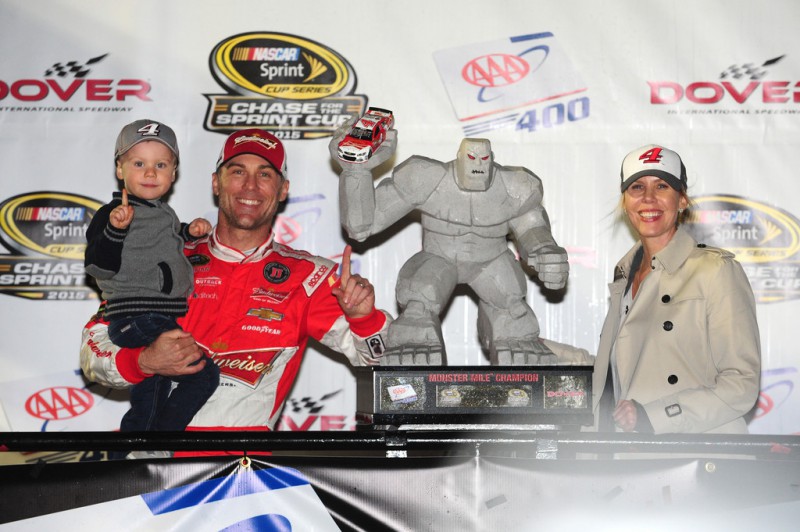 Kevin Harvick, driver of the #4 Budweiser/Jimmy John's Chevrolet, wife DeLana and son Keelan celebrate in victory lane after winning the NASCAR Sprint Cup Series AAA 400 at Dover International Speedway on October 4, 2015 in Dover, Delaware. Kevin Harvick, driver of the #4 Budweiser/Jimmy John's Chevrolet, wife DeLana and son Keelan celebrate in victory lane after winning the NASCAR Sprint Cup Series AAA 400 at Dover International Speedway on October 4, 2015 in Dover, Delaware.