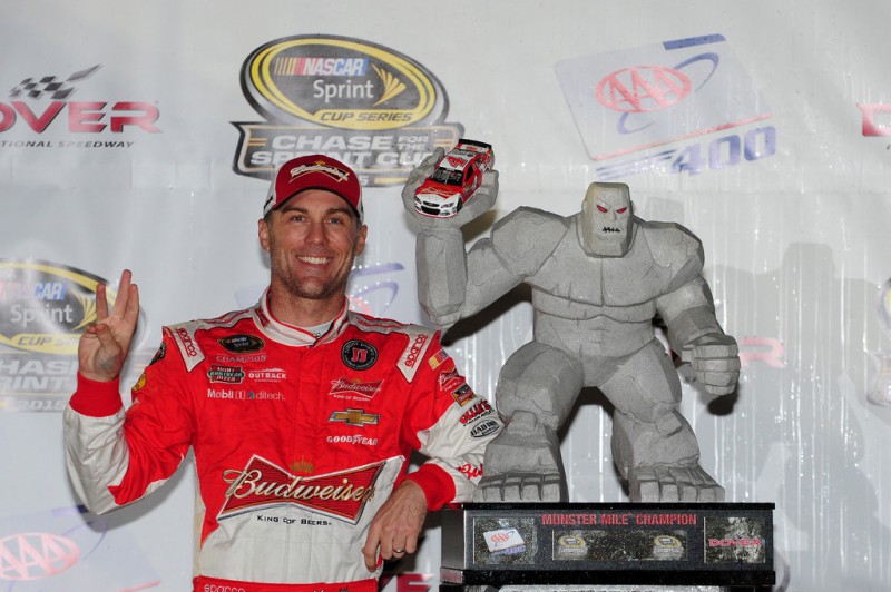Kevin Harvick, driver of the #4 Budweiser/Jimmy John's Chevrolet, celebrates in victory lane after winning the NASCAR Sprint Cup Series AAA 400 at Dover International Speedway on October 4, 2015 in Dover, Delaware. Kevin Harvick, driver of the #4 Budweiser/Jimmy John's Chevrolet, celebrates in victory lane after winning the NASCAR Sprint Cup Series AAA 400 at Dover International Speedway on October 4, 2015 in Dover, Delaware.