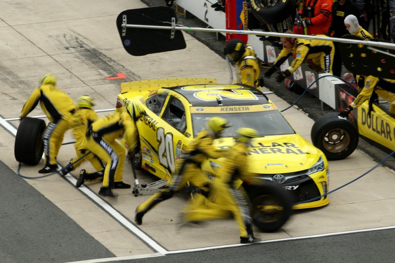 Matt Kenseth, driver of the #20 Dollar General Toyota, pits during the NASCAR Sprint Cup Series AAA 400 at Dover International Speedway on October 4, 2015 in Dover, Delaware. Matt Kenseth, driver of the #20 Dollar General Toyota, pits during the NASCAR Sprint Cup Series AAA 400 at Dover International Speedway on October 4, 2015 in Dover, Delaware.