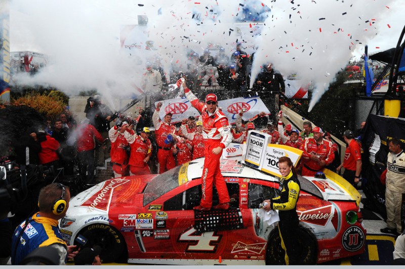 Kevin Harvick, driver of the #4 Budweiser/Jimmy John's Chevrolet, celebrates in victory lane after winning the NASCAR Sprint Cup Series AAA 400 at Dover International Speedway on October 4, 2015 in Dover, Delaware. Kevin Harvick, driver of the #4 Budweiser/Jimmy John's Chevrolet, celebrates in victory lane after winning the NASCAR Sprint Cup Series AAA 400 at Dover International Speedway on October 4, 2015 in Dover, Delaware.