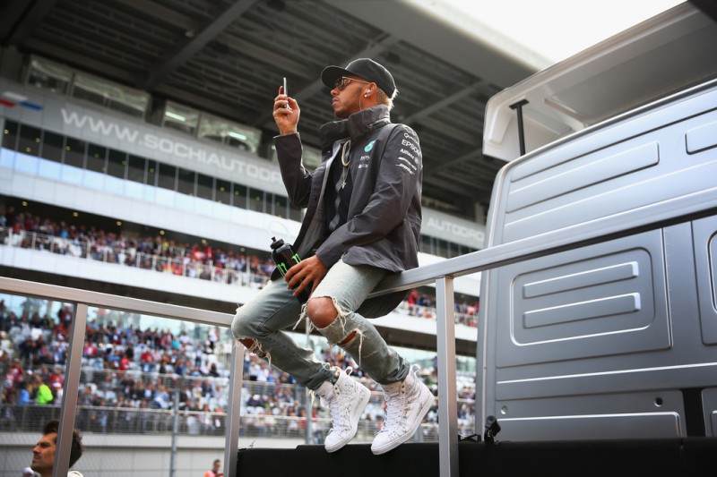 Lewis Hamilton of Great Britain and Mercedes GP takes part in the drivers' parade before the Formula One Grand Prix of Russia at Sochi Autodrom on October 11, 2015 in Sochi, Russia. Lewis Hamilton of Great Britain and Mercedes GP takes part in the drivers' parade before the Formula One Grand Prix of Russia at Sochi Autodrom on October 11, 2015 in Sochi, Russia.