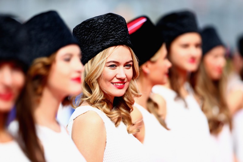Grid girls pose during the drivers' parade before the Formula One Grand Prix of Russia at Sochi Autodrom on October 11, 2015 in Sochi, Russia. Grid girls pose during the drivers' parade before the Formula One Grand Prix of Russia at Sochi Autodrom on October 11, 2015 in Sochi, Russia.