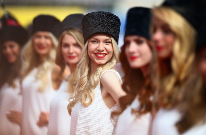 Grid girls pose during the drivers' parade before the Formula One Grand Prix of Russia at Sochi Autodrom on October 11, 2015 in Sochi, Russia. Grid girls pose during the drivers' parade before the Formula One Grand Prix of Russia at Sochi Autodrom on October 11, 2015 in Sochi, Russia.