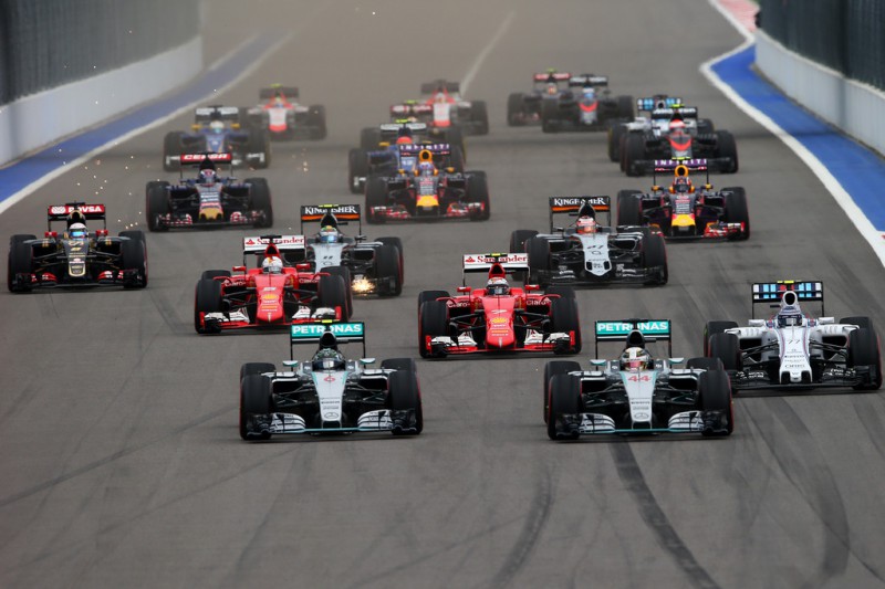 Lewis Hamilton of Great Britain and Mercedes GP and Nico Rosberg of Germany and Mercedes GP race into the first corner during the Formula One Grand Prix of Russia at Sochi Autodrom on October 11, 2015 in Sochi, Russia. Lewis Hamilton of Great Britain and Mercedes GP and Nico Rosberg of Germany and Mercedes GP race into the first corner during the Formula One Grand Prix of Russia at Sochi Autodrom on October 11, 2015 in Sochi, Russia.