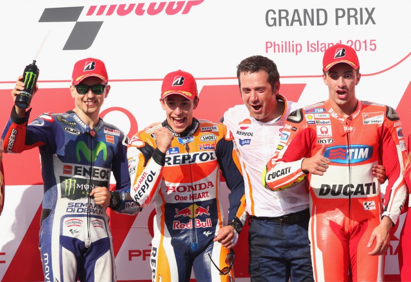 Jorge Lorenzo of Spain and Movistar Yamaha MotoGP, Marc Marquez of Spain and the Repsol Honda team and Andrea Iannone of Italy and the Ducati Team celebrate on the podium the 2015 MotoGP of Australia at Phillip Island Grand Prix Circuit on October 18, 2015 in Phillip Island, Australia. Jorge Lorenzo of Spain and Movistar Yamaha MotoGP, Marc Marquez of Spain and the Repsol Honda team and Andrea Iannone of Italy and the Ducati Team celebrate on the podium the 2015 MotoGP of Australia at Phillip Island Grand Prix Circuit on October 18, 2015 in Phillip Island, Australia.