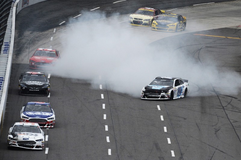 Greg Biffle, driver of the #16 Ford Performance Ford, is involved in an on-track incident during the NASCAR Sprint Cup Series Goody's Headache Relief Shot 500 at Martinsville Speedway on November 1, 2015 in Martinsville, Virginia. Greg Biffle, driver of the #16 Ford Performance Ford, is involved in an on-track incident during the NASCAR Sprint Cup Series Goody's Headache Relief Shot 500 at Martinsville Speedway on November 1, 2015 in Martinsville, Virginia.