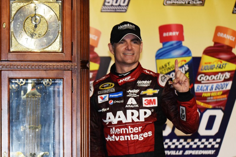 Jeff Gordon, driver of the #24 AARP Member Advantages Chevrolet, poses in Victory Lane after winning the NASCAR Sprint Cup Series Goody's Headache Relief Shot 500 at Martinsville Speedway on November 1, 2015 in Martinsville, Virginia. Jeff Gordon, driver of the #24 AARP Member Advantages Chevrolet, poses in Victory Lane after winning the NASCAR Sprint Cup Series Goody's Headache Relief Shot 500 at Martinsville Speedway on November 1, 2015 in Martinsville, Virginia.