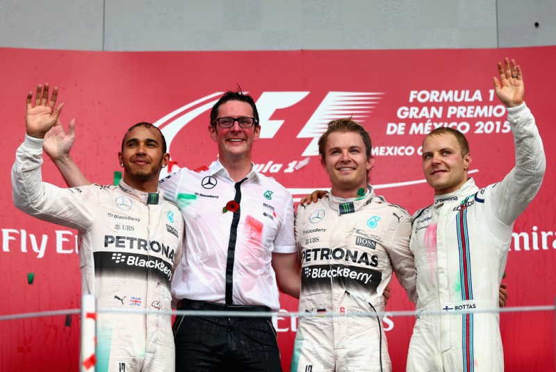 Nico Rosberg of Germany and Mercedes GP celebrates on the podium next to Lewis Hamilton of Great Britain and Mercedes GP and Valtteri Bottas of Finland and Williams after winning the Formula One Grand Prix of Mexico at Autodromo Hermanos Rodriguez on November 1, 2015 in Mexico City, Mexico. Nico Rosberg of Germany and Mercedes GP celebrates on the podium next to Lewis Hamilton of Great Britain and Mercedes GP and Valtteri Bottas of Finland and Williams after winning the Formula One Grand Prix of Mexico at Autodromo Hermanos Rodriguez on November 1, 2015 in Mexico City, Mexico.
