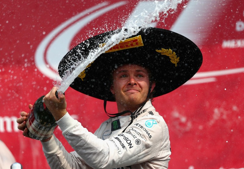Nico Rosberg of Germany and Mercedes GP celebrates on the podium after winning the Formula One Grand Prix of Mexico at Autodromo Hermanos Rodriguez on November 1, 2015 in Mexico City, Mexico. Nico Rosberg of Germany and Mercedes GP celebrates on the podium after winning the Formula One Grand Prix of Mexico at Autodromo Hermanos Rodriguez on November 1, 2015 in Mexico City, Mexico.