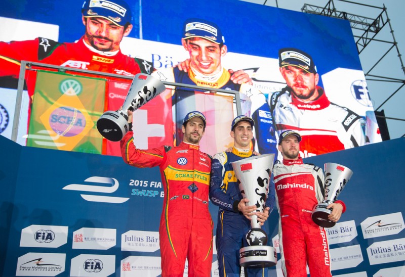 Formula-E: 2016 Beijing ePrix podium. Sebastien Buemi, Lucas Di Grassi, Nick Heidfeld.