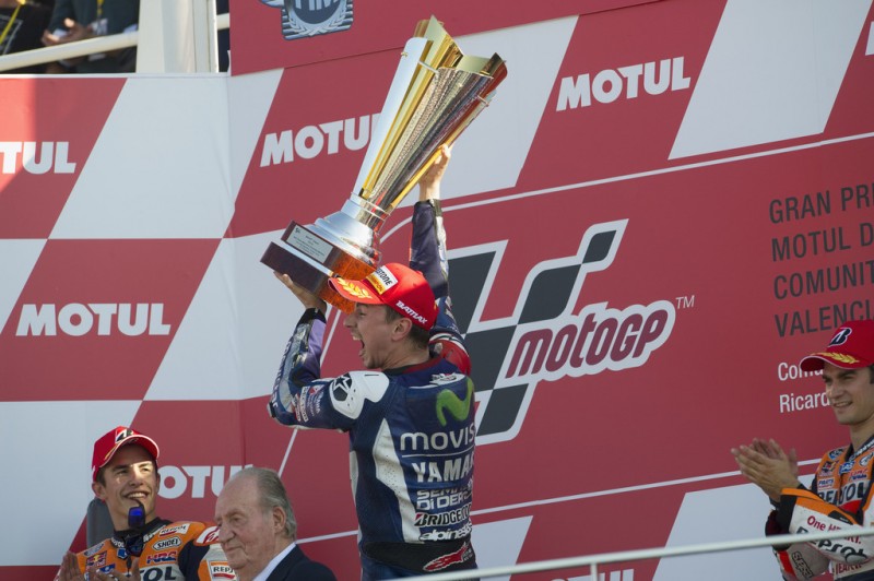 Jorge Lorenzo of Spain and Movistar Yamaha MotoGP celebrates the victory at the MotoGP championship during the MotoGP Race at Ricardo Tormo Circuit on November 8, 2015 in Valencia, Spain. Jorge Lorenzo of Spain and Movistar Yamaha MotoGP celebrates the victory at the MotoGP championship during the MotoGP Race at Ricardo Tormo Circuit on November 8, 2015 in Valencia, Spain.