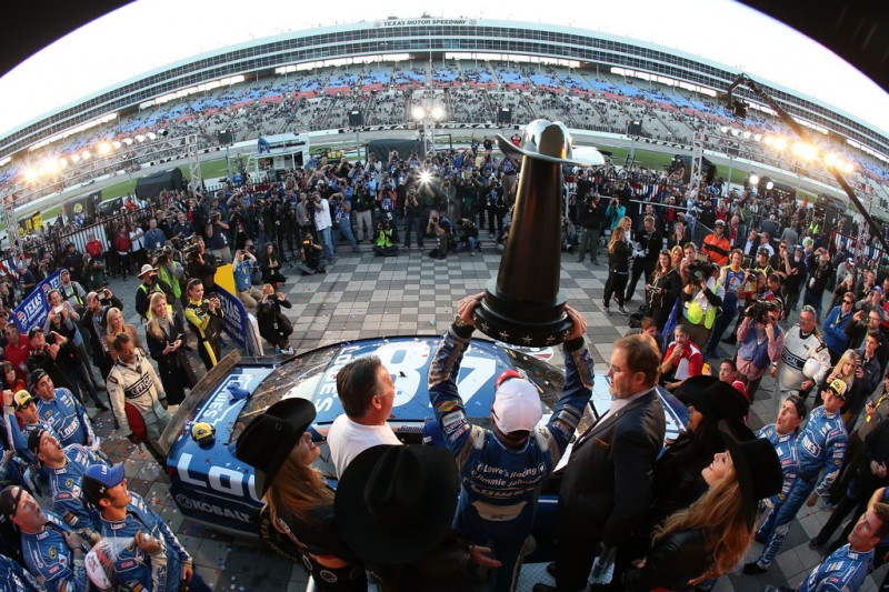 Jimmie Johnson, driver of the #48 Lowe's Chevrolet, celebrates in victory lane after winning the NASCAR Sprint Cup Series AAA Texas 500 at Texas Motor Speedway on November 8, 2015 in Fort Worth, Texas. Jimmie Johnson, driver of the #48 Lowe's Chevrolet, celebrates in victory lane after winning the NASCAR Sprint Cup Series AAA Texas 500 at Texas Motor Speedway on November 8, 2015 in Fort Worth, Texas.